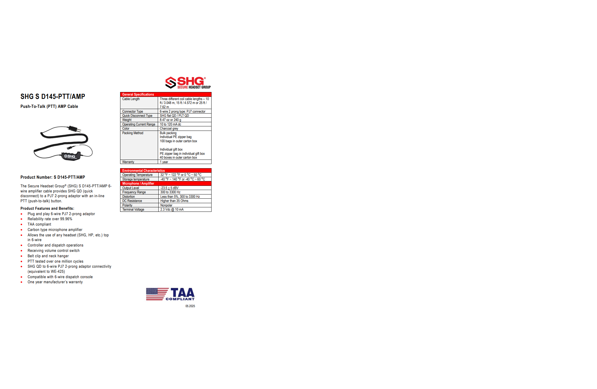 SHG S D145-PTT/AMP Push-To-Talk Cable